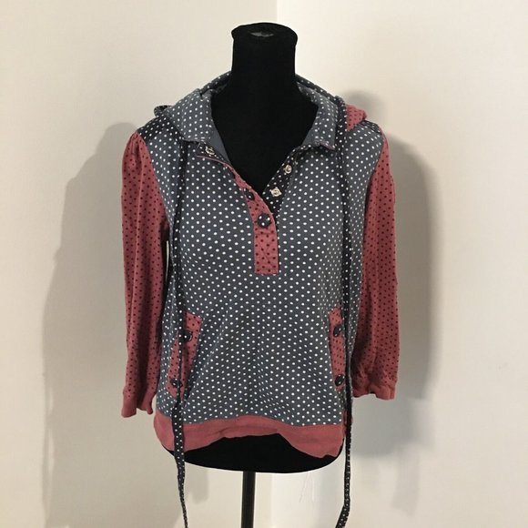 MARC JACOBS Blue Red/Maroon Polka Dot 3/4 Sleeve Hooded Cotton Top Pullover 4 - Picture 2 of 8
